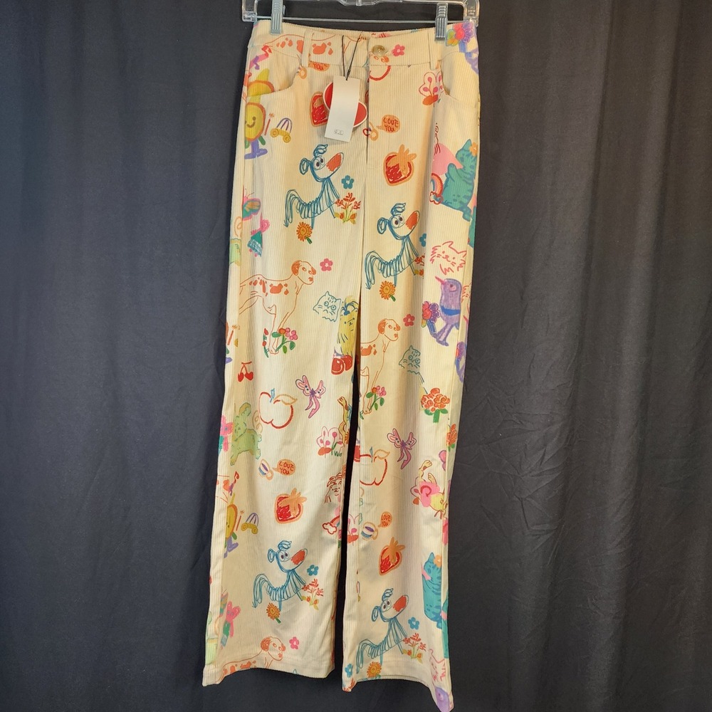 CIDER Corduroy Cartoon Character Print‎ High Waisted Flare Pants XS